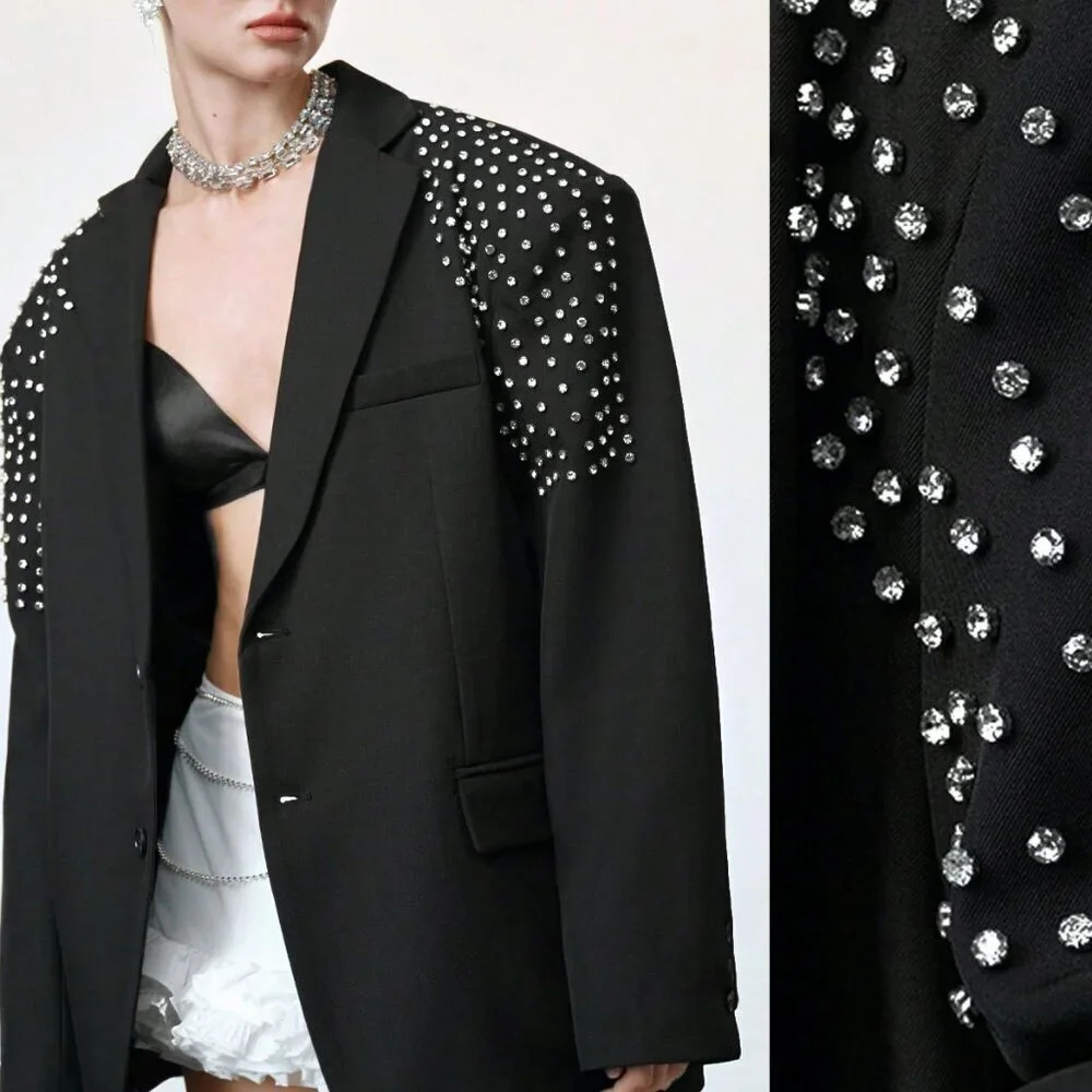 Black Elegant Formal Women's Oversized Rhinestone detailed Blazer